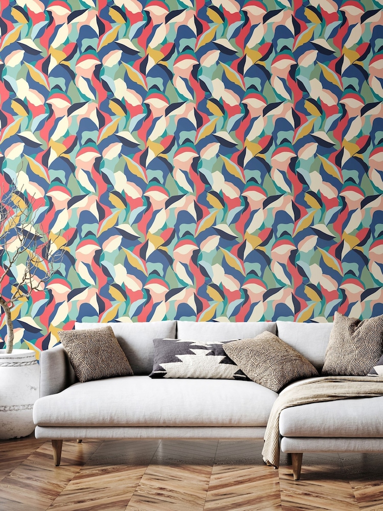 Hoopla Walls Navy Twist Leafy Patchwork 10M Wallpaper - Image 1 of 2