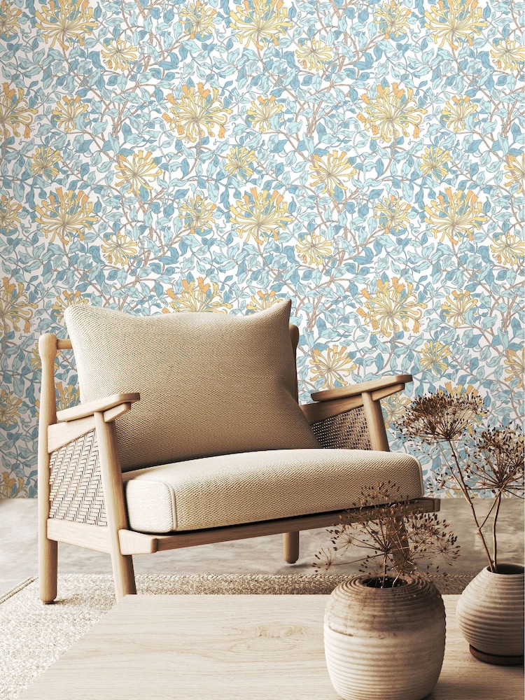 Hoopla Walls Soft Blue Honeysuckle Leaf Trail 10M Wallpaper - Image 1 of 2