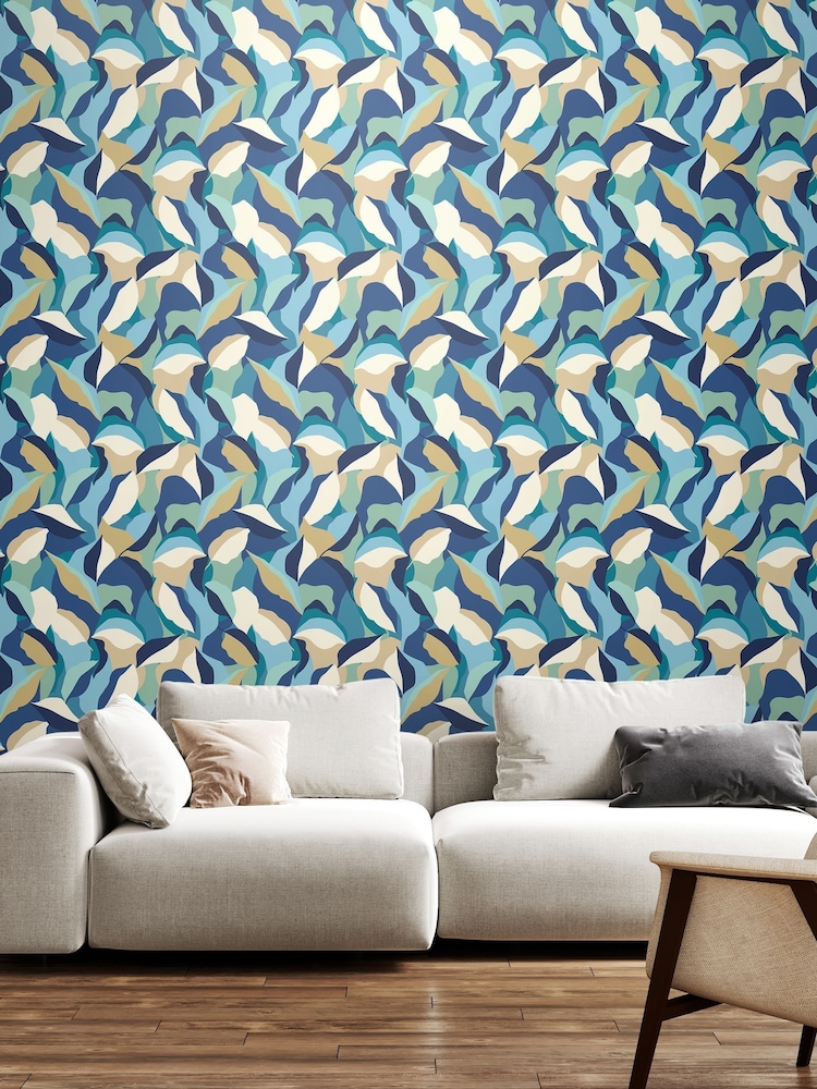 Hoopla Walls Indigo Mix Leafy Patchwork 10M Wallpaper - Image 1 of 2