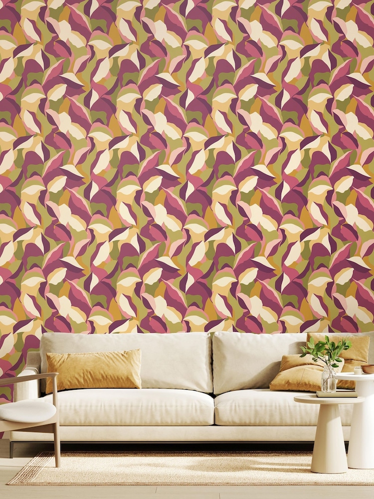 Hoopla Walls Plum Olive Leafy Patchwork 10M Wallpaper - Image 1 of 2