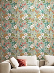 Hoopla Walls Coral Teal Oasis 10M Wallpaper - Image 1 of 2