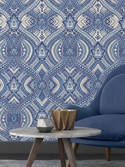 Hoopla Walls Navy Blue Ogee Damask 10M Wallpaper - Image 1 of 2