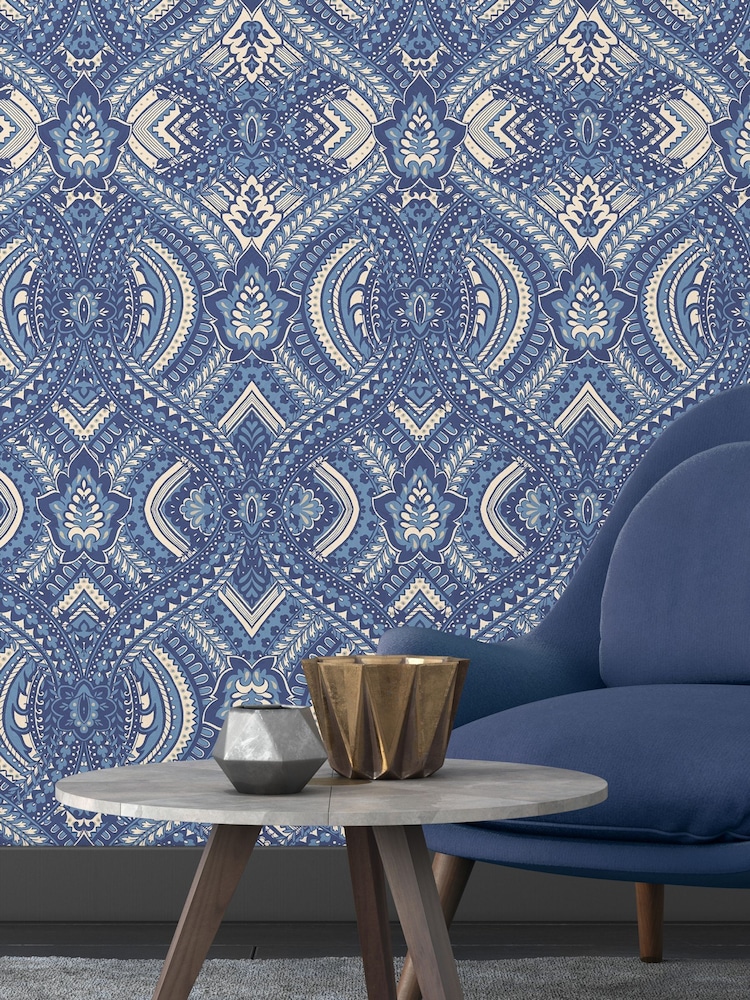 Hoopla Walls Navy Blue Ogee Damask 10M Wallpaper - Image 1 of 2