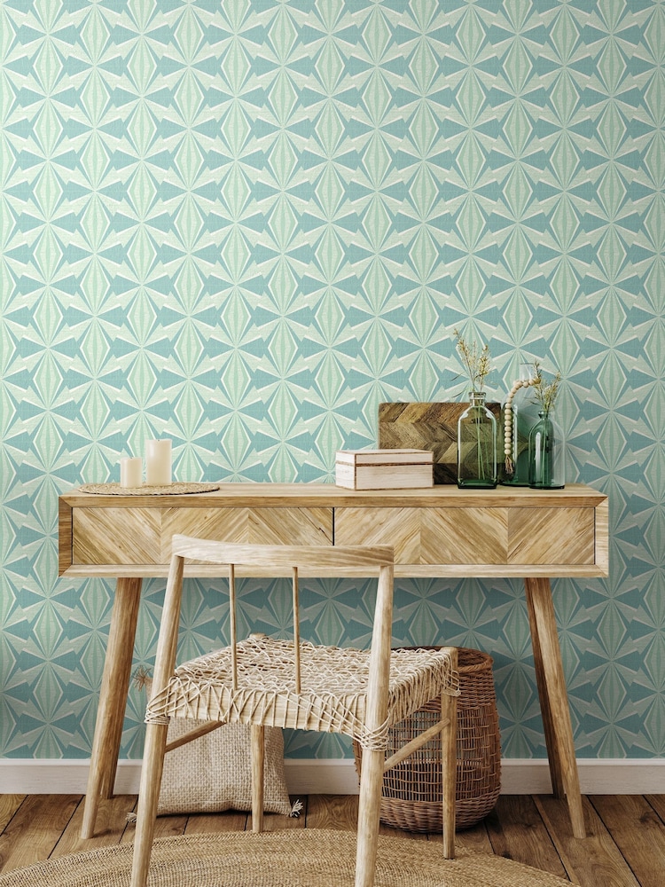 Hoopla Walls Teal Blue Sunray Diamond 10M Wallpaper - Image 1 of 2