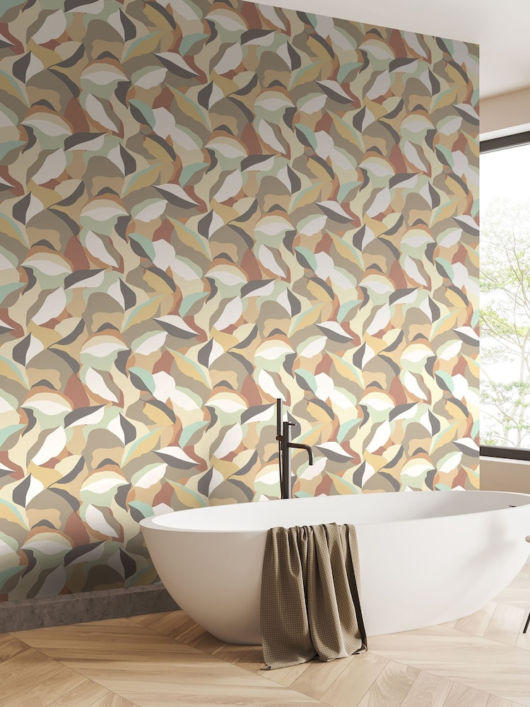 Hoopla Walls Caramel Mint Leafy Patchwork 10M Wallpaper - Image 1 of 2 Hoopla Walls Caramel Mint Leafy Patchwork 10M Wallpaper - Image 1 of 2