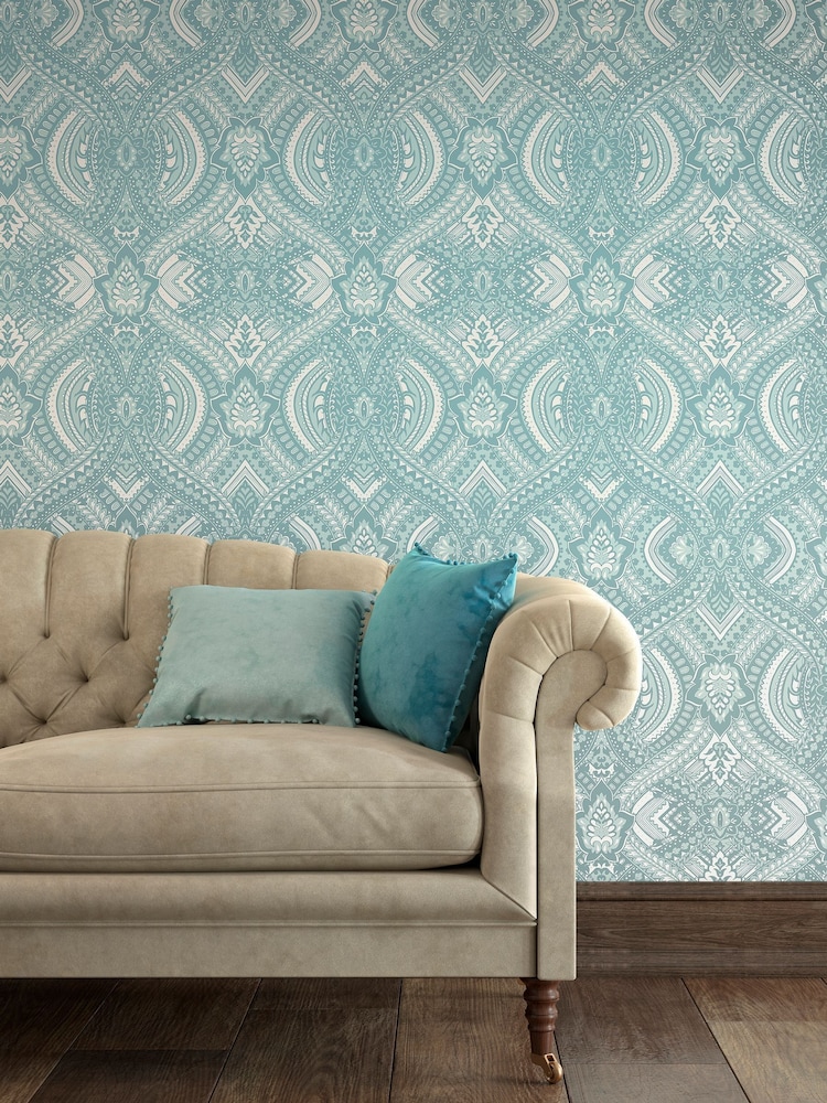Hoopla Walls Ducke Egg Blue Ogee Damask 10M Wallpaper - Image 1 of 2