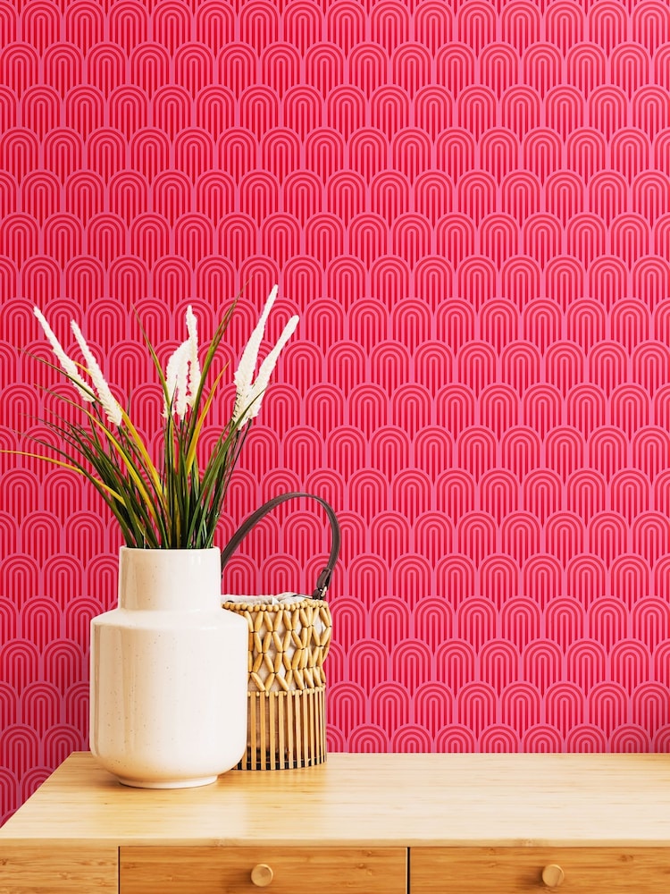 Hoopla Walls Bright Pink Retro Arch 10M Wallpaper - Image 1 of 2 Hoopla Walls Bright Pink Retro Arch 10M Wallpaper - Image 1 of 2