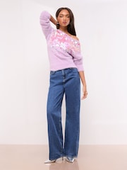 Lipsy Lilac Purple Sequin Disc Scalloped Fluffy Eyelash Slash Neck Knitted Jumper - Image 3 of 4