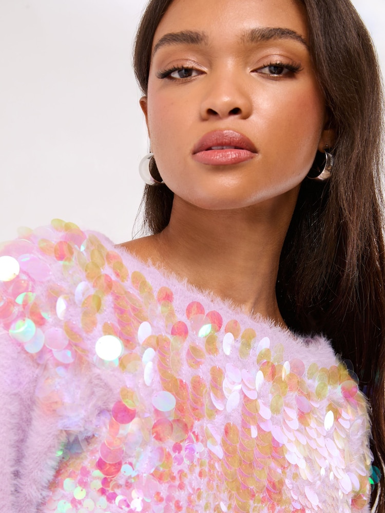 Lipsy Lilac Purple Sequin Disc Scalloped Fluffy Eyelash Slash Neck Knitted Jumper - Image 4 of 4