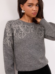 Grey Embellished Flower - Lipsy Print Crew Neck Supersoft Knitted Jumper - Imagen 1 de 4