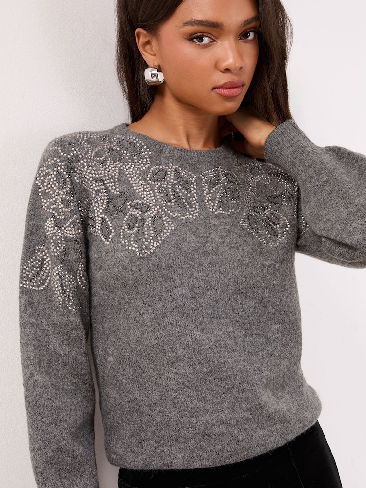 Lipsy Grey Embellished Flower Print Crew Neck Supersoft Knitted Jumper - Image 1 of 4 Lipsy Grey Embellished Flower Print Crew Neck Supersoft Knitted Jumper - Image 1 of 4