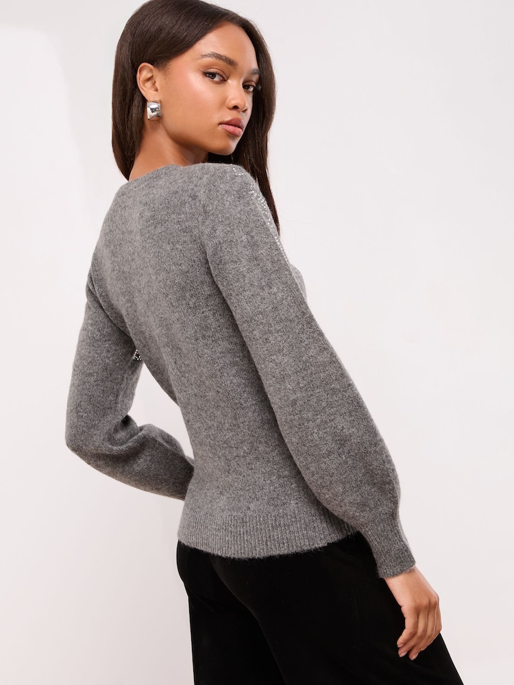 Lipsy Grey Embellished Flower Print Crew Neck Supersoft Knitted Jumper - Image 2 of 4 Lipsy Grey Embellished Flower Print Crew Neck Supersoft Knitted Jumper - Image 2 of 4