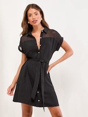 Lipsy Black Mini Mesh Insert Belted Shirt Dress - Image 1 of 4