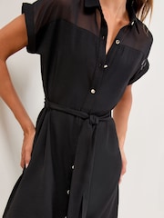 Lipsy Black Mini Mesh Insert Belted Shirt Dress - Image 2 of 4