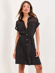 Lipsy Black Mini Mesh Insert Belted Shirt Dress - Image 3 of 4