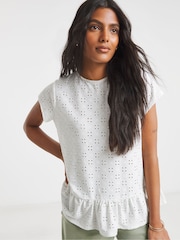 Simply Be White 100% Cotton Broderie Cap Sleeve Peplum Top - Image 1 of 3