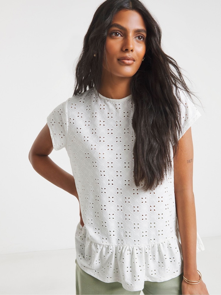Simply Be White 100% Cotton Broderie Cap Sleeve Peplum Top - Image 1 of 3