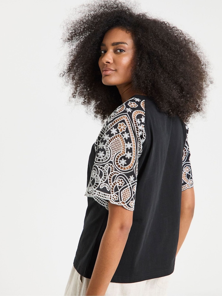 Simply Be Black 100% Cotton Contrast Broderie Raglan T-Shirt - Image 2 of 4