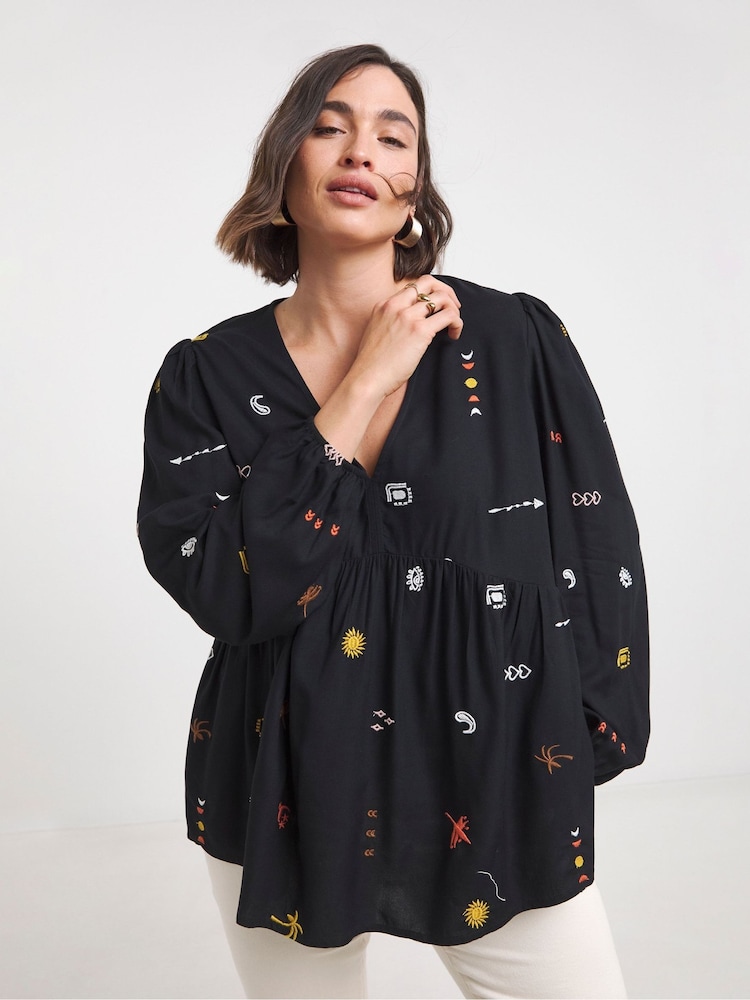Simply Be Black Embroidered V-Neck Long Sleeve Blouse - Image 1 of 4 Simply Be Black Embroidered V-Neck Long Sleeve Blouse - Image 1 of 4