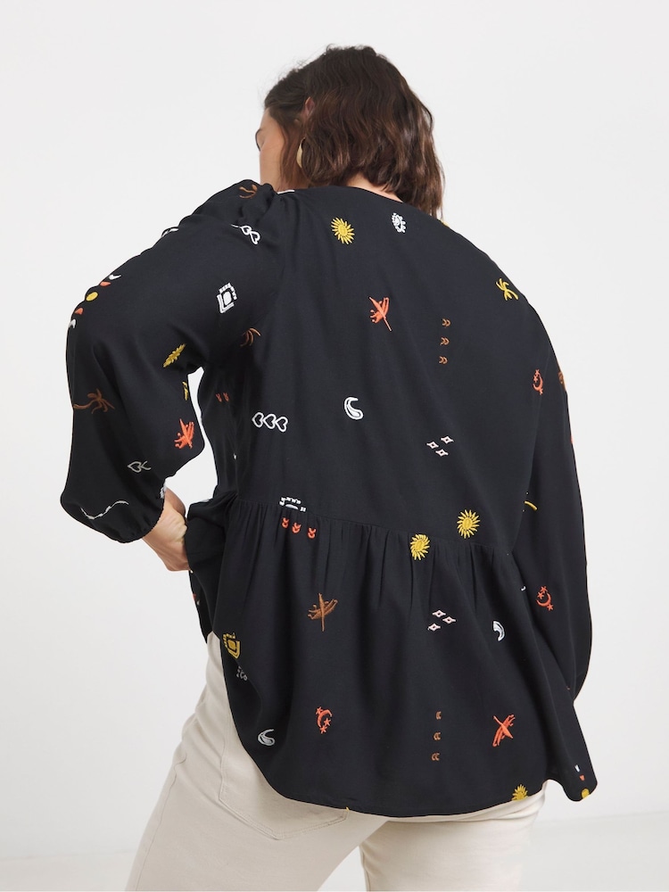 Simply Be Black Embroidered V-Neck Long Sleeve Blouse - Image 2 of 4 Simply Be Black Embroidered V-Neck Long Sleeve Blouse - Image 2 of 4