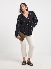 Simply Be Black Embroidered V-Neck Long Sleeve Blouse - Image 4 of 4