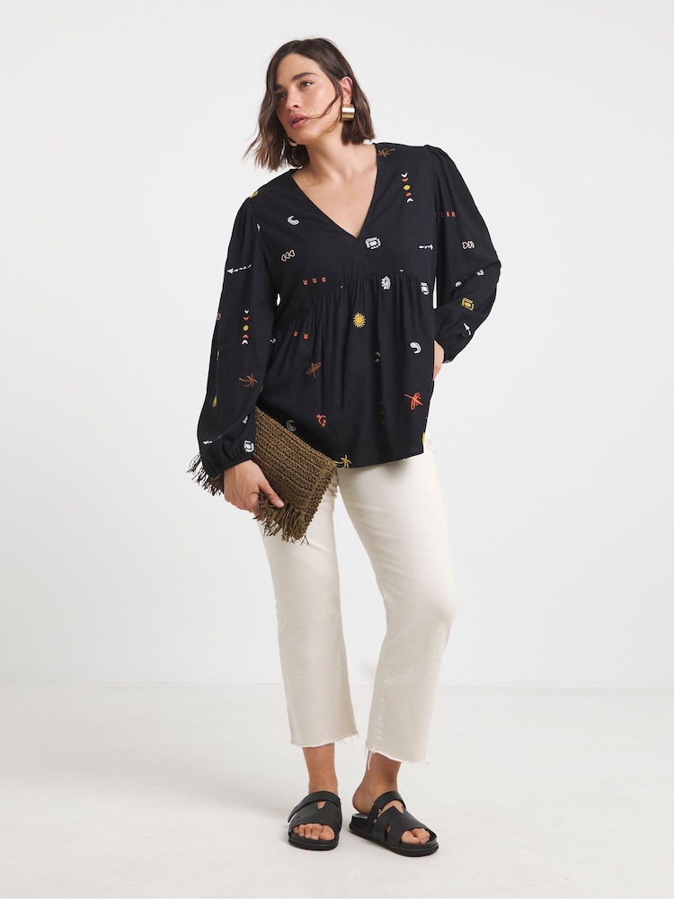Simply Be Black Embroidered V-Neck Long Sleeve Blouse - Image 4 of 4 Simply Be Black Embroidered V-Neck Long Sleeve Blouse - Image 4 of 4