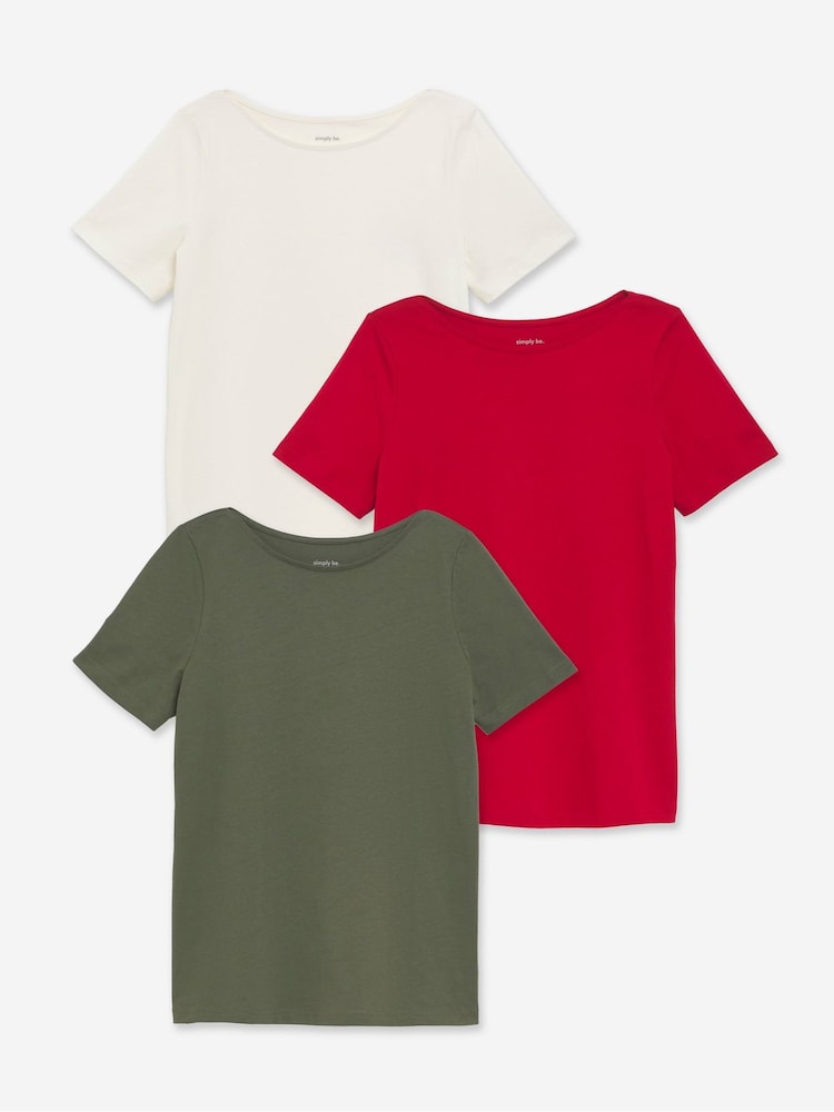 Simply Be White/ Red/ Khaki 3 Pack Slash Neck T-Shirts - Image 1 of 4