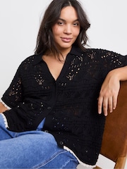 Simply Be Pointelle 100% Cotton Collared Top With Contrast Hem - Imagen 1 de 4