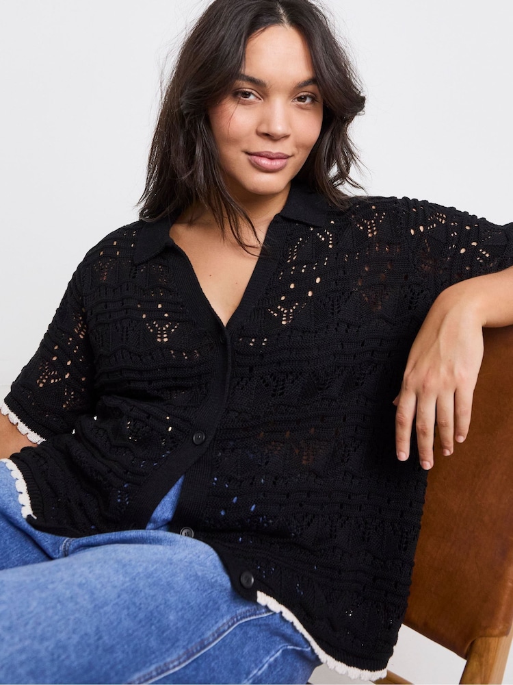 Simply Be Pointelle 100% Cotton Collared Top With Contrast Hem - Imagen 1 de 4