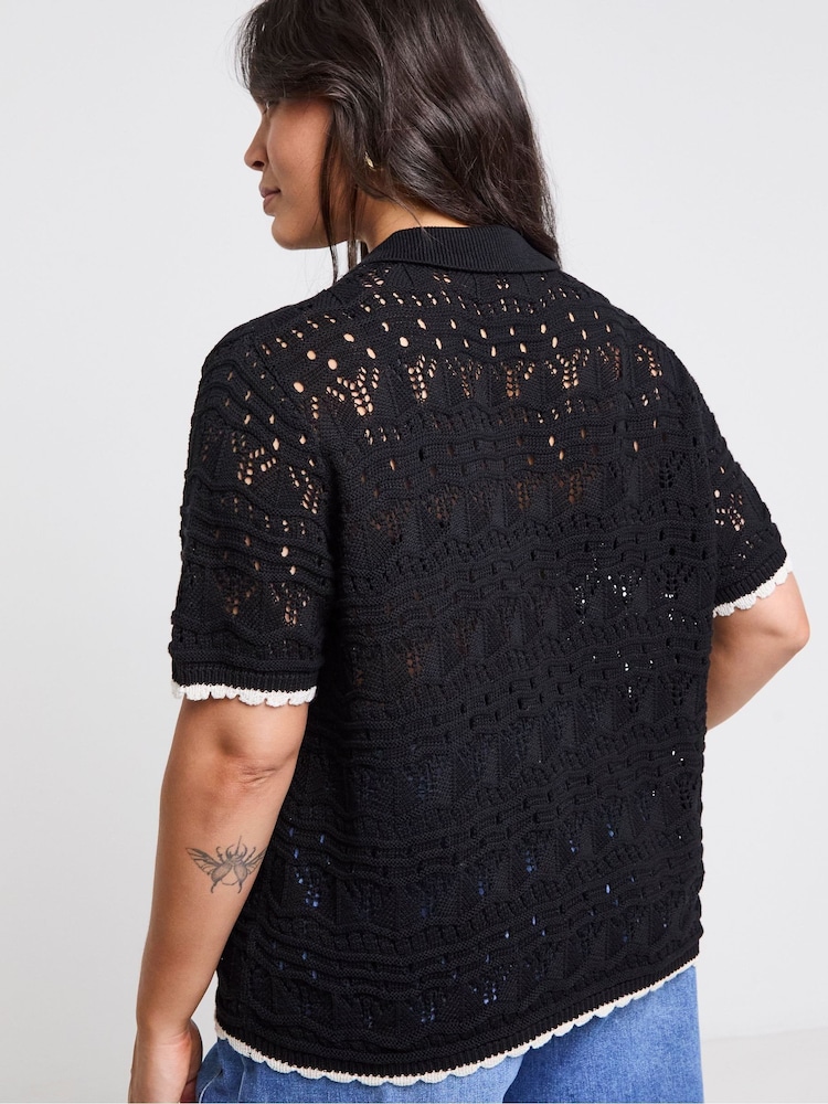 Simply Be Pointelle 100% Cotton Collared Top With Contrast Hem - Imagen 2 de 4