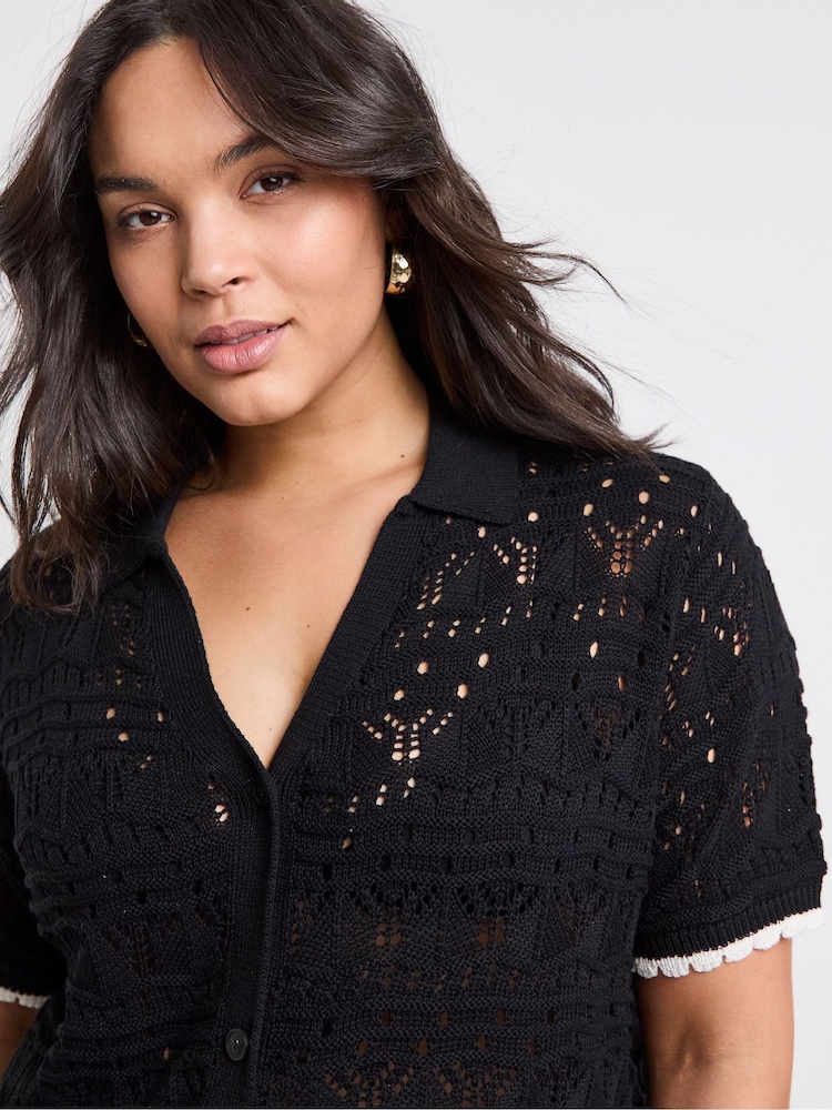 Simply Be Pointelle 100% Cotton Collared Top With Contrast Hem - Imagen 4 de 4