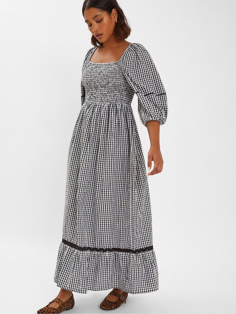 Accessorize Black Gingham Puff Sleeve Maxi 100% Cotton Dress - Image 1 of 4