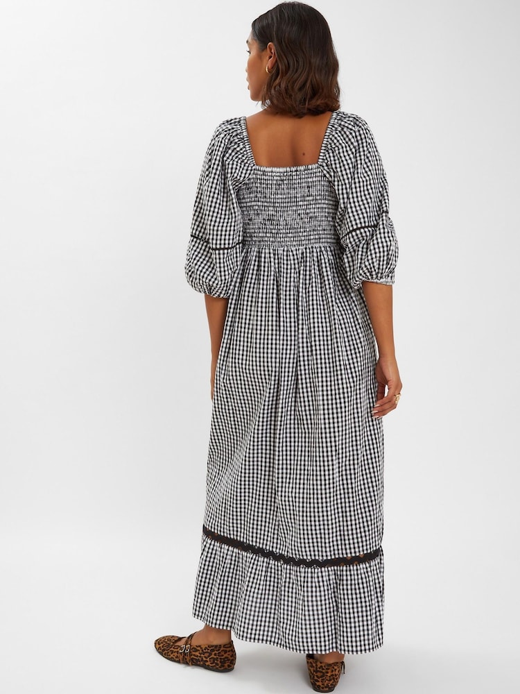 Accessorize Black Gingham Puff Sleeve Maxi 100% Cotton Dress - Image 2 of 4