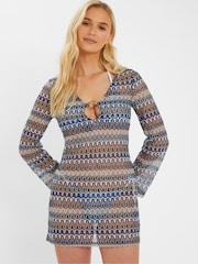 Accessorize Blue Sheer Stitch Beach Cover-Up Mini Dress - Image 1 of 4