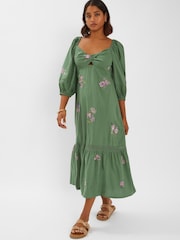 Accessorize Green Jasmine Embroidered Midi 100% Cotton Dress - Image 1 of 4