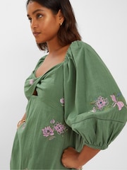Accessorize Green Jasmine Embroidered Midi 100% Cotton Dress - Image 3 of 4