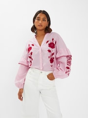 Accessorize Red Floral Print Embroidered Stripe 100% Cotton Blouse - Image 1 of 4