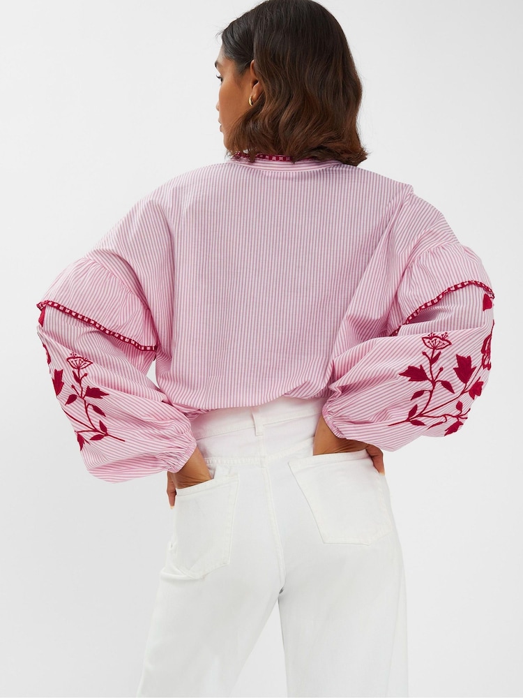 Accessorize Red Floral Print Embroidered Stripe 100% Cotton Blouse - Image 2 of 4
