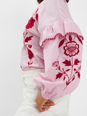 Accessorize Red Floral Print Embroidered Stripe 100% Cotton Blouse - Image 3 of 4