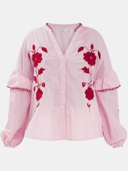 Accessorize Red Floral Print Embroidered Stripe 100% Cotton Blouse - Image 4 of 4
