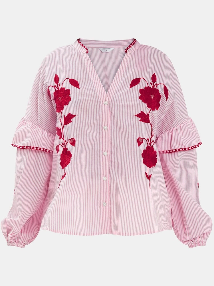 Accessorize Red Floral Print Embroidered Stripe 100% Cotton Blouse - Image 4 of 4