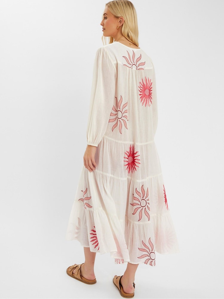 Accessorize Natural Sun Embroidered Long-Sleeve Maxi 100% Cotton Dress - Image 3 of 4