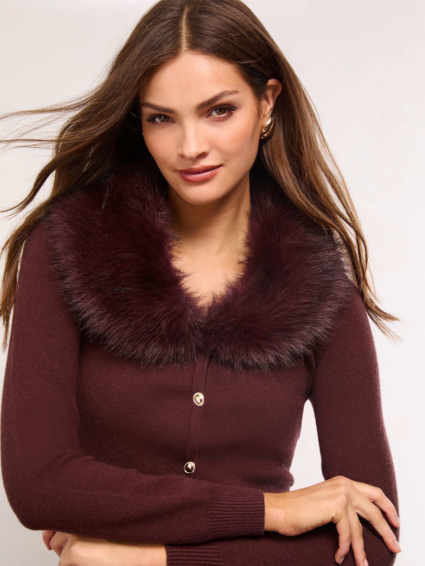 Buy Lipsy Chocolate Brown Faux Fur Collar Trim Buttoned Knit