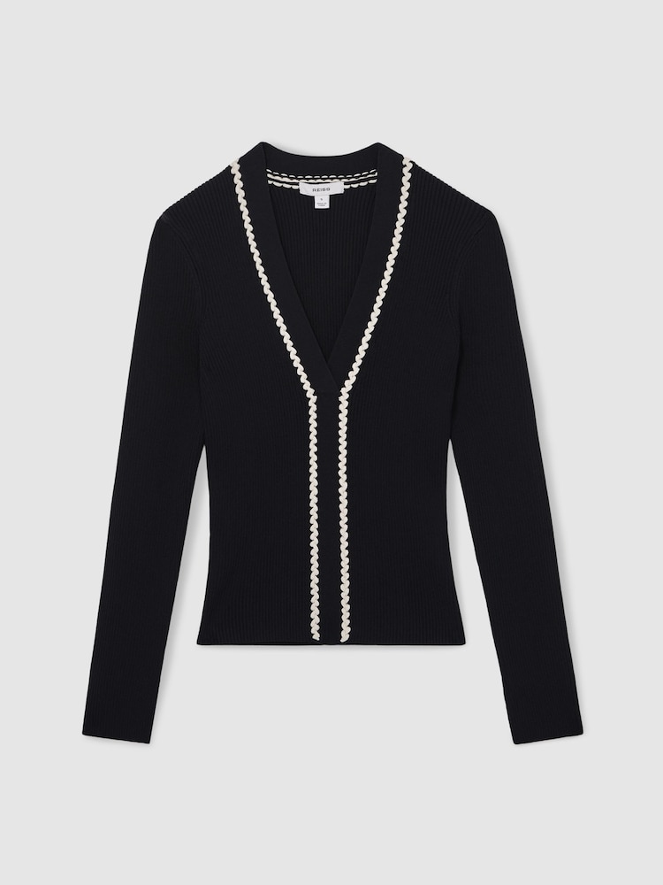 Reiss Navy/White Lauri Craft-Stitch Rib-Knit Top - Image 2 of 6