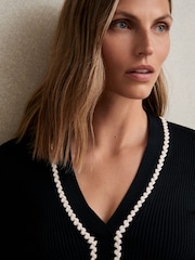 Reiss Navy/White Lauri Craft-Stitch Rib-Knit Top - Image 4 of 6