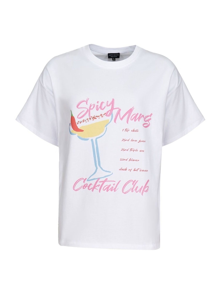 South Beach White Oversized Spicy Marg Printed 100% Cotton T-Shirt - Image 5 of 5