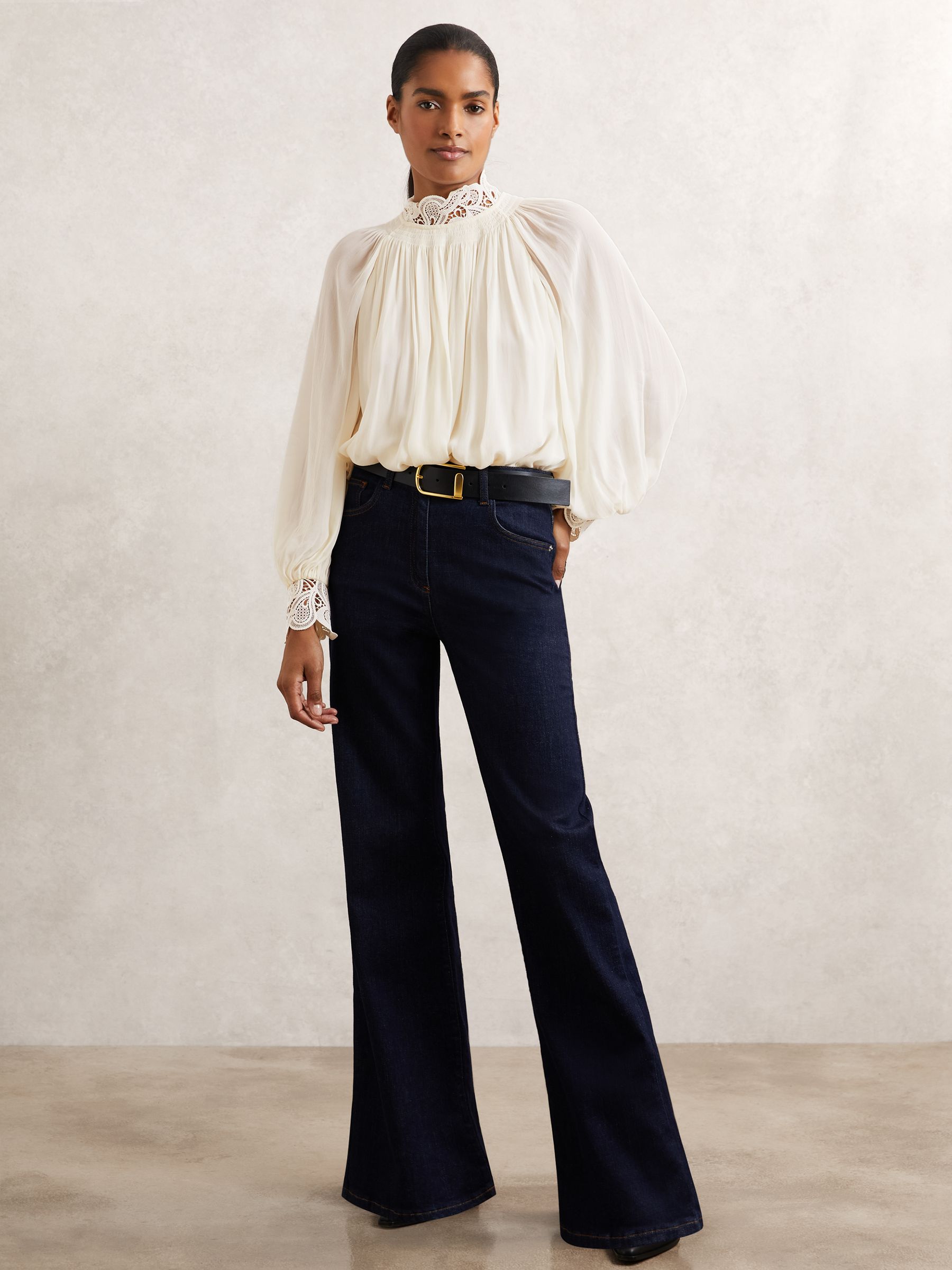 Buy Reiss Cream Czara Lace-Trim Draped Chiffon Top from Next USA