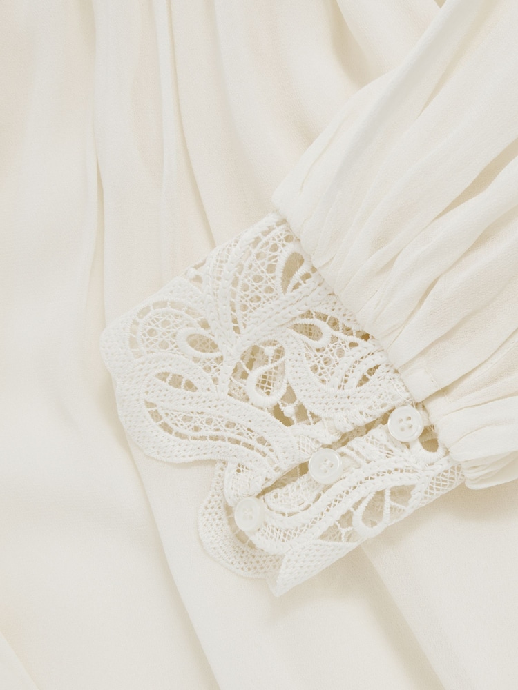 Reiss Cream Czara Lace-Trim Draped Chiffon Top - Image 9 of 9