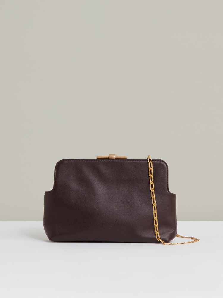 Reiss Burgundy Bethany Leather Frame Clutch Bag - Image 1 of 5 Reiss Burgundy Bethany Leather Frame Clutch Bag - Image 1 of 5