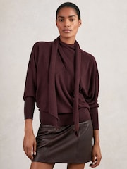 Reiss Burgundy Alexis Wool Scarf-Tie Draped Jumper - Image 1 of 5